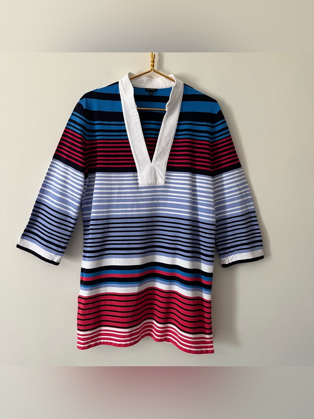 Talbots Striped Red Blue White Pique Tunic Mini Dress Johnny Collar Relaxed L